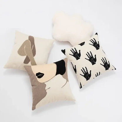 Abstract cream & black embroidered cotton cushion cover living room