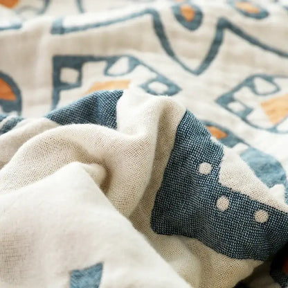 Abstract cream & blue cotton nordic throw blanket bedroom quilt