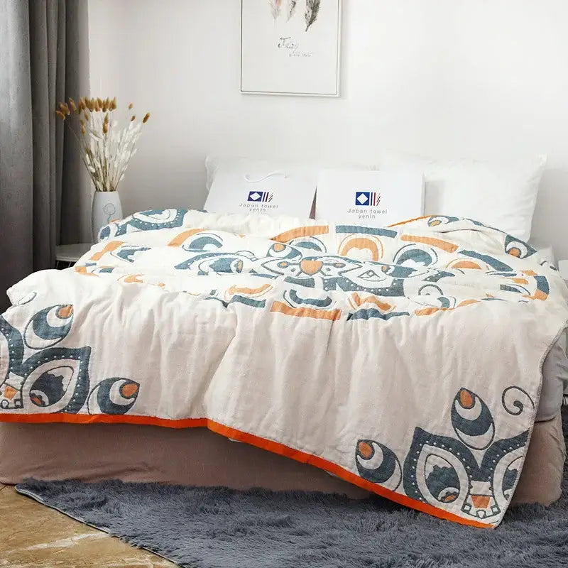 Abstract cream & blue cotton nordic throw blanket bedroom quilt