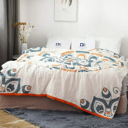 Abstract cream & blue cotton nordic throw blanket bedroom quilt