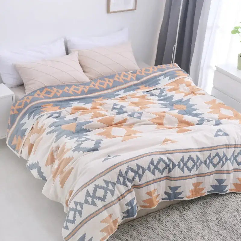 Abstract cream & blue cotton nordic throw blanket bedroom quilt
