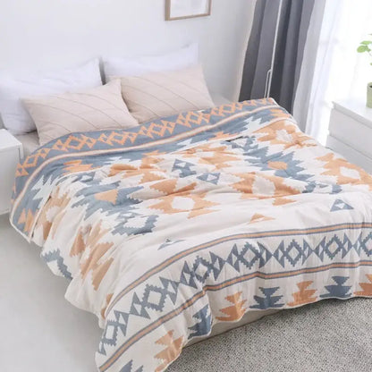 Abstract cream & blue cotton nordic throw blanket bedroom quilt
