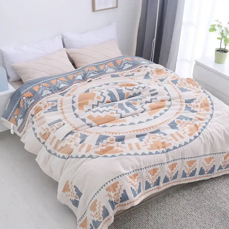Abstract cream & blue cotton nordic throw blanket bedroom quilt