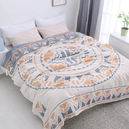 Abstract cream & blue cotton nordic throw blanket bedroom quilt