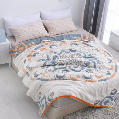 Abstract cream & blue cotton nordic throw blanket bedroom quilt