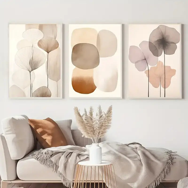 Minimalist beige & pink flower canvas wall art for bedroom