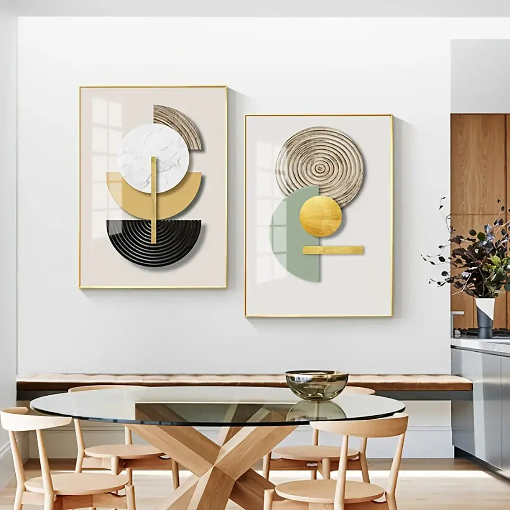 Modern gold & green geometric canvas art set for living room
