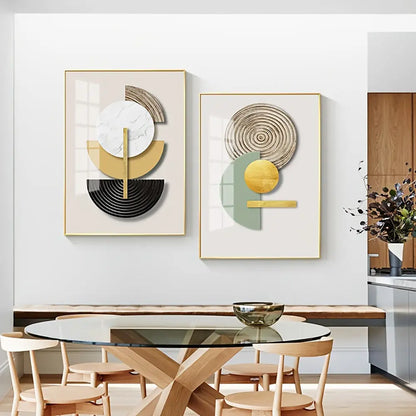 Modern gold & green geometric canvas art set for living room