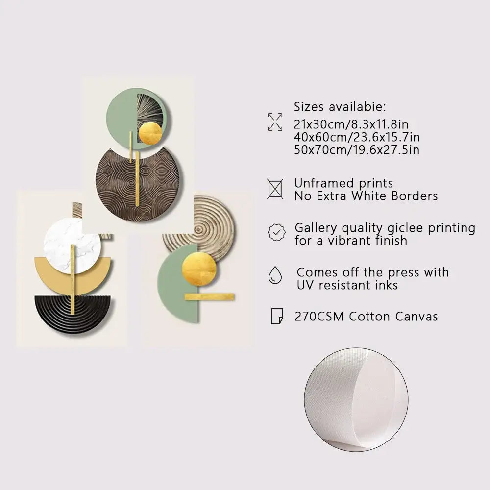 Modern gold & green geometric canvas art set for living room