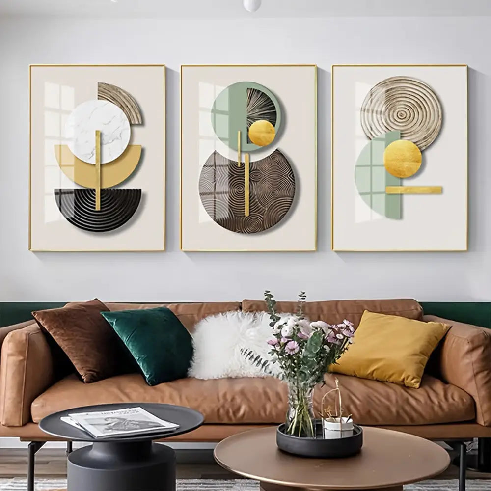Modern gold & green geometric canvas art set for living room