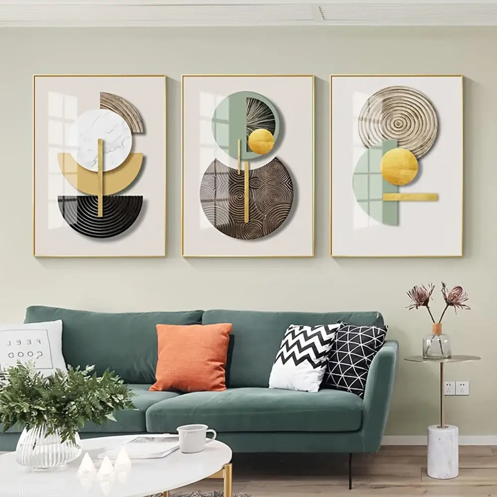 Modern gold & green geometric canvas art set for living room