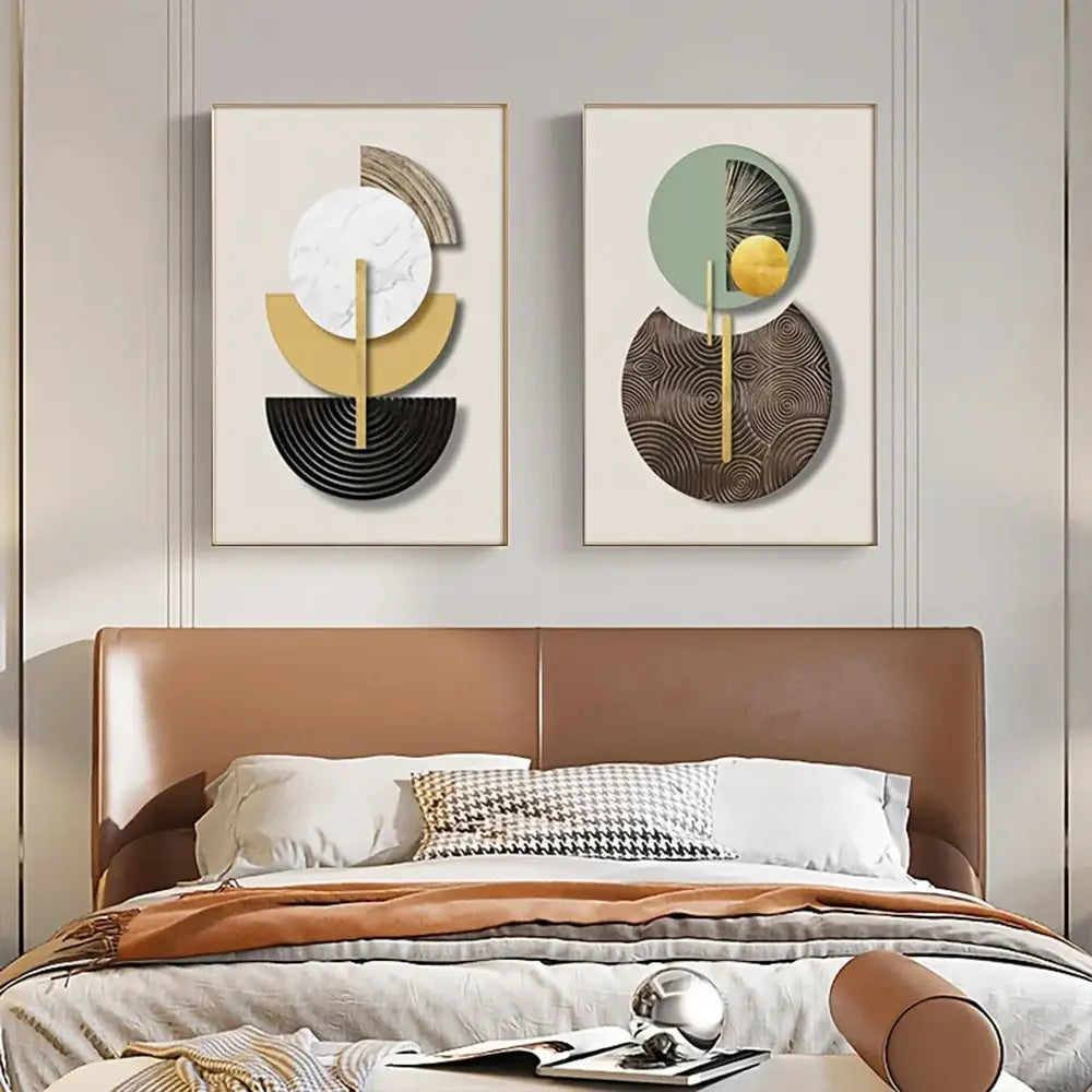 Modern gold & green geometric canvas art set for living room