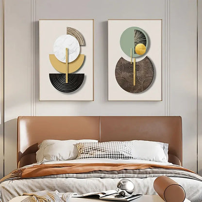 Modern gold & green geometric canvas art set for living room