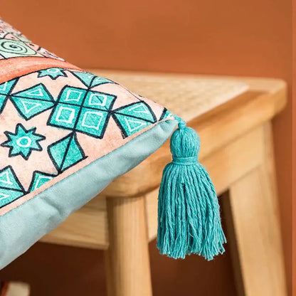 Abstract geometric cushion cover coral & teal bedroom tassel decor