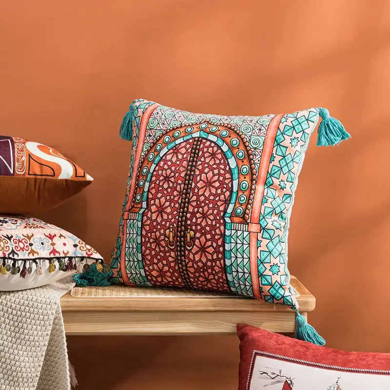 Abstract geometric cushion cover coral & teal bedroom tassel decor