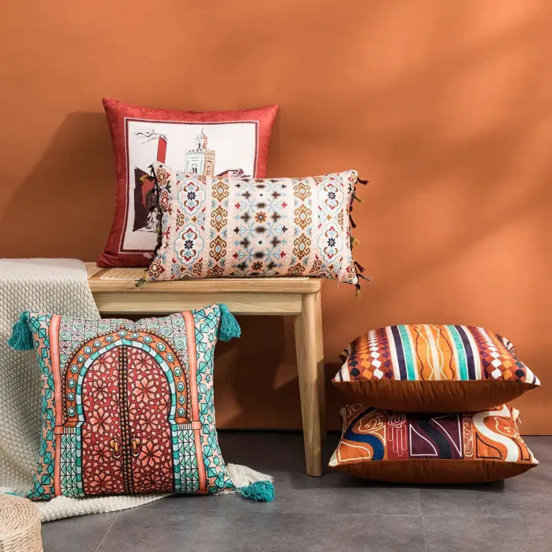 Abstract geometric cushion cover coral & teal bedroom tassel decor