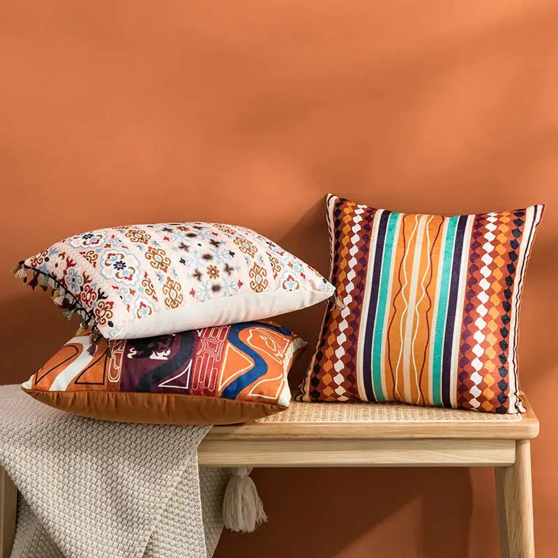 Abstract geometric cushion cover coral & teal bedroom tassel decor