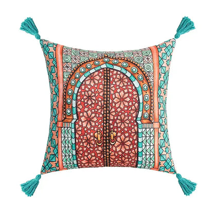 Abstract geometric cushion cover coral & teal bedroom tassel decor