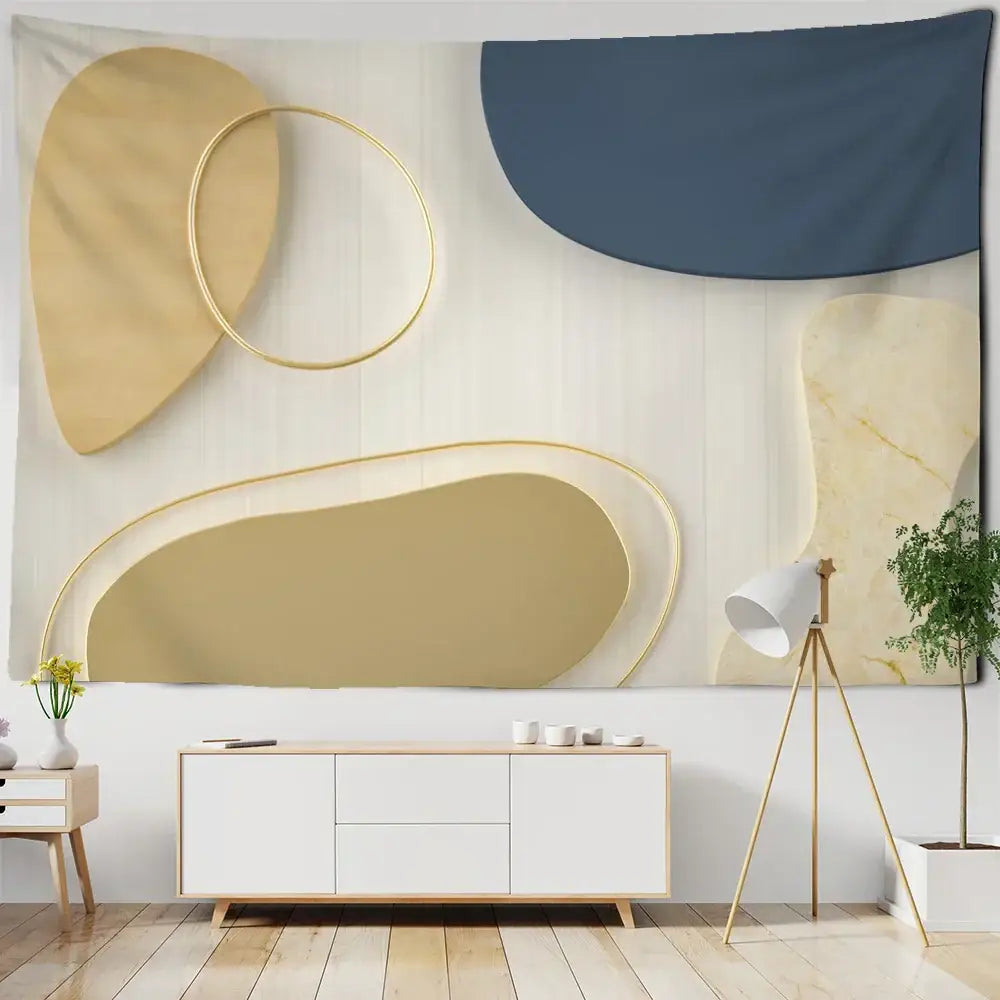 Abstract geometric orange & navy pattern tapestry wall hanging living room