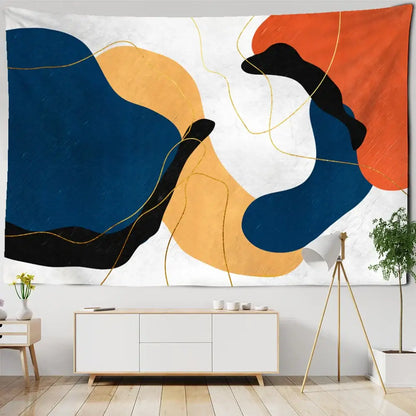 Abstract geometric orange & navy pattern tapestry wall hanging living room