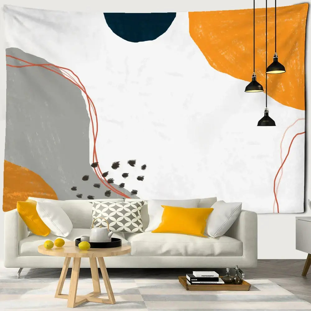 Abstract geometric orange & navy pattern tapestry wall hanging living room