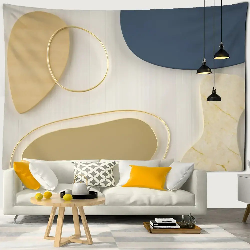 Abstract geometric orange & navy pattern tapestry wall hanging living room