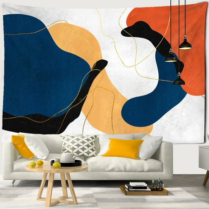 Abstract geometric orange & navy pattern tapestry wall hanging living room