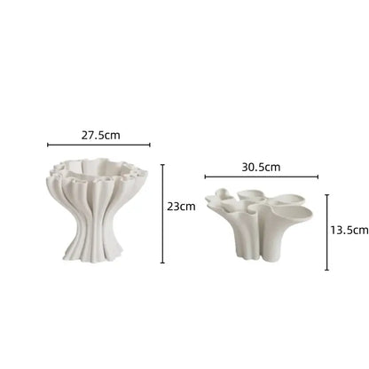 Abstract geometry white fluted ceramic triple opening vase living room