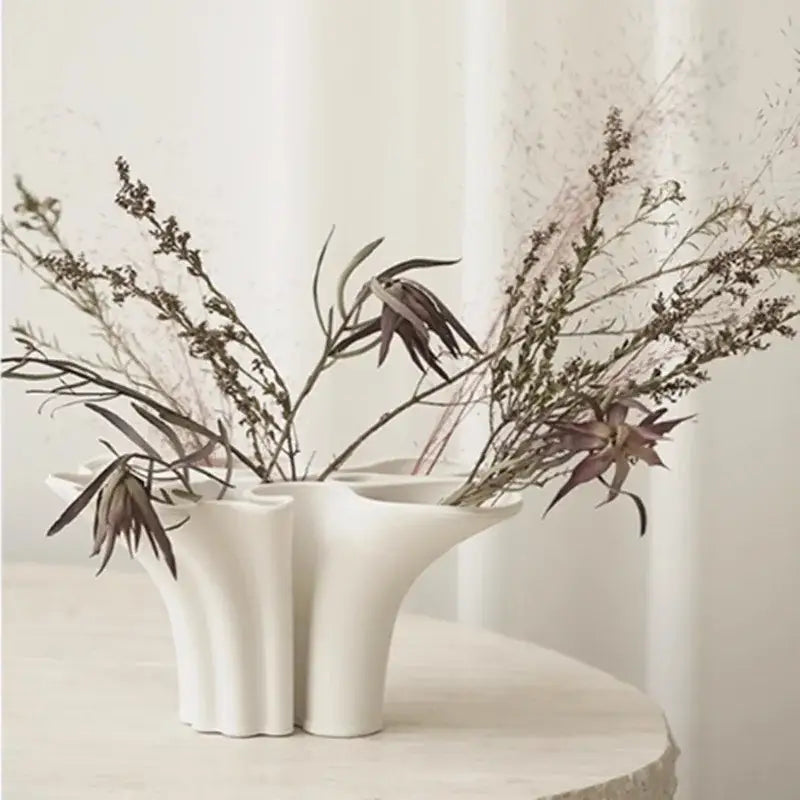 Abstract geometry white fluted ceramic triple opening vase living room