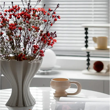 Abstract geometry white fluted ceramic triple opening vase living room