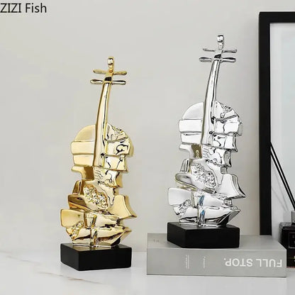 Abstract gold & silver violin sculpture living room table decor