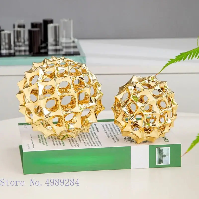 Abstract golden metal hollow ball spike ornaments living room decor