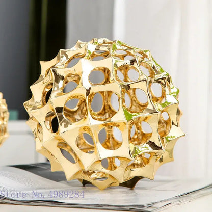 Abstract golden metal hollow ball spike ornaments living room decor
