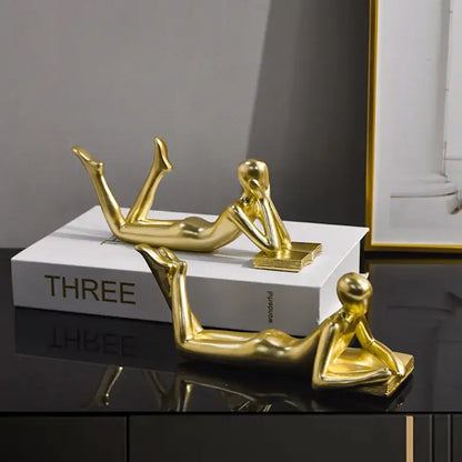 Abstract golden thinker reader man figurine living room decor