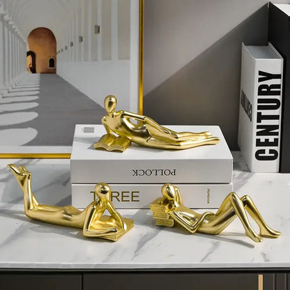 Abstract golden thinker reader man figurine living room decor