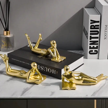 Abstract golden thinker reader man figurine living room decor
