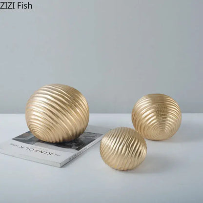 Abstract golden wave ball sculpture living room ribbed metal decor