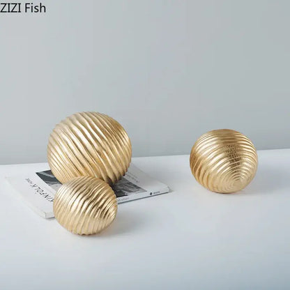 Abstract golden wave ball sculpture living room ribbed metal decor