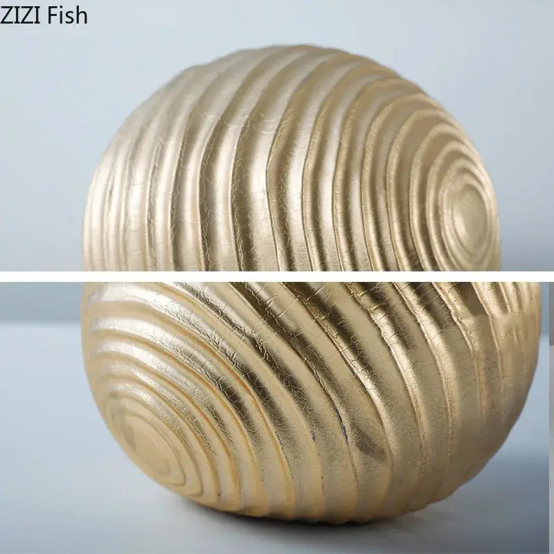 Abstract golden wave ball sculpture living room ribbed metal decor