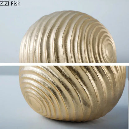 Abstract golden wave ball sculpture living room ribbed metal decor