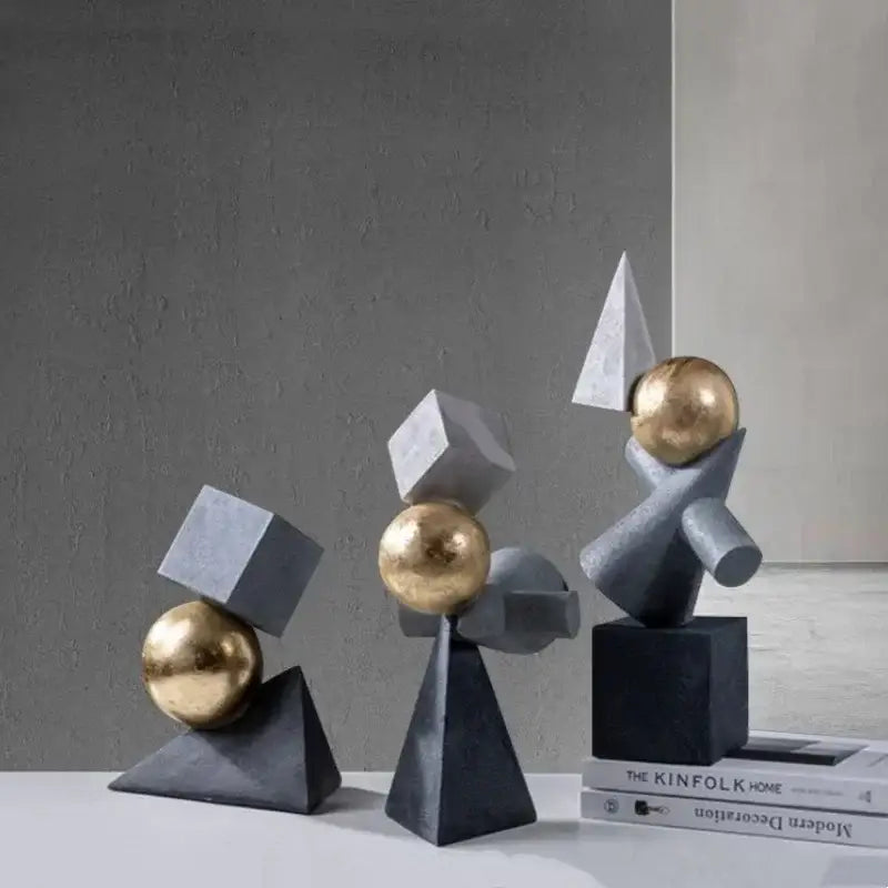 Abstract gray and gold ball sculpture living room decor