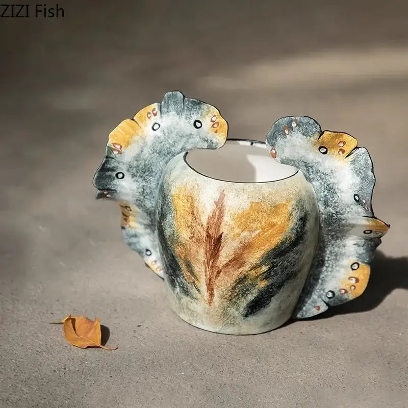 Abstract gray and orange butterfly wings vase bedroom ceramic decor
