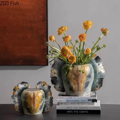 Abstract gray and orange butterfly wings vase bedroom ceramic decor