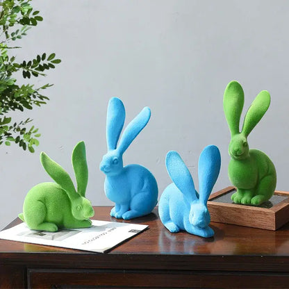 Abstract green & blue rabbit figurines living room resin decor art