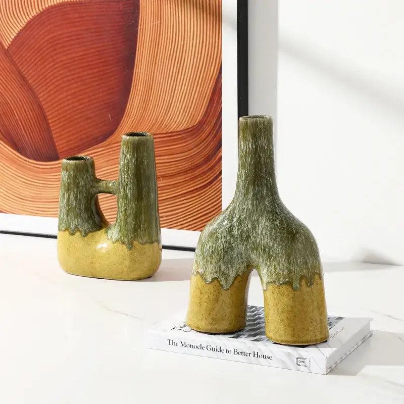 Abstract green & yellow kiln-changing glaze ceramic vase living room