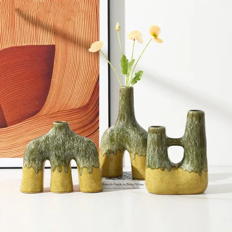 Abstract green & yellow kiln-changing glaze ceramic vase living room