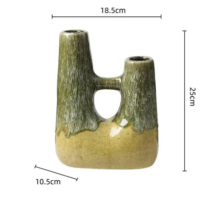 Abstract green & yellow kiln-changing glaze ceramic vase living room