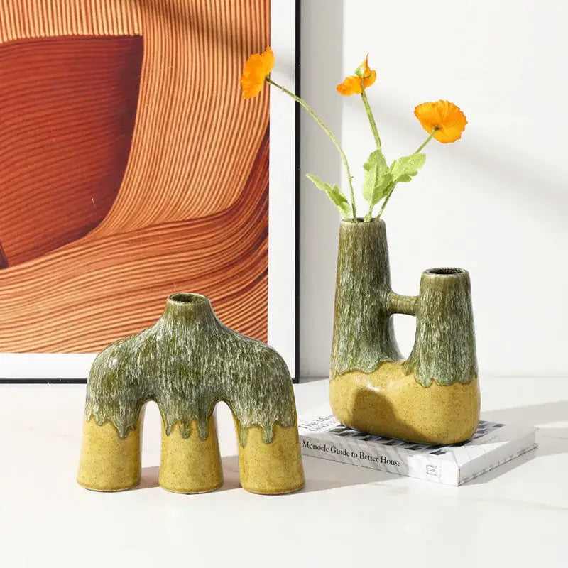Abstract green & yellow kiln-changing glaze ceramic vase living room