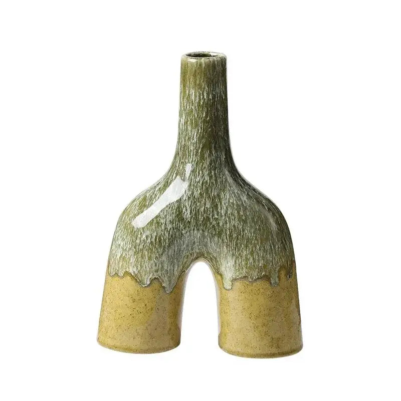 Abstract green & yellow kiln-changing glaze ceramic vase living room