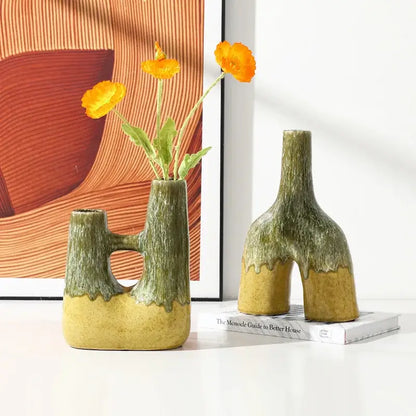 Abstract green & yellow kiln-changing glaze ceramic vase living room